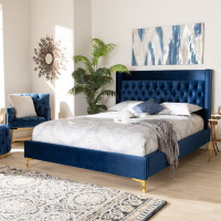 Baxton Studio BBT6740-Navy Blue-Queen Valery Modern and Contemporary Navy Blue Velvet Fabric Upholstered Queen Size Platform Bed with Gold-Finished Legs